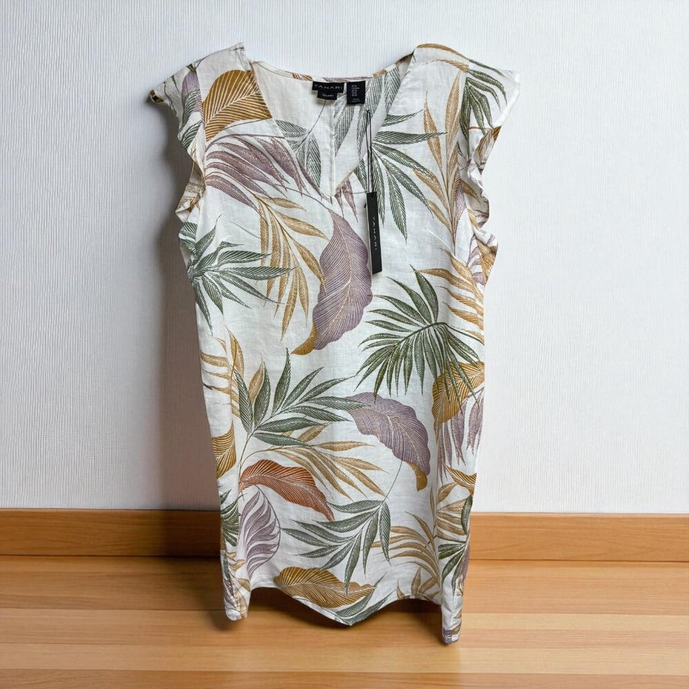 Tahari White‎ Tropical Palm Print Linen Shift Dress